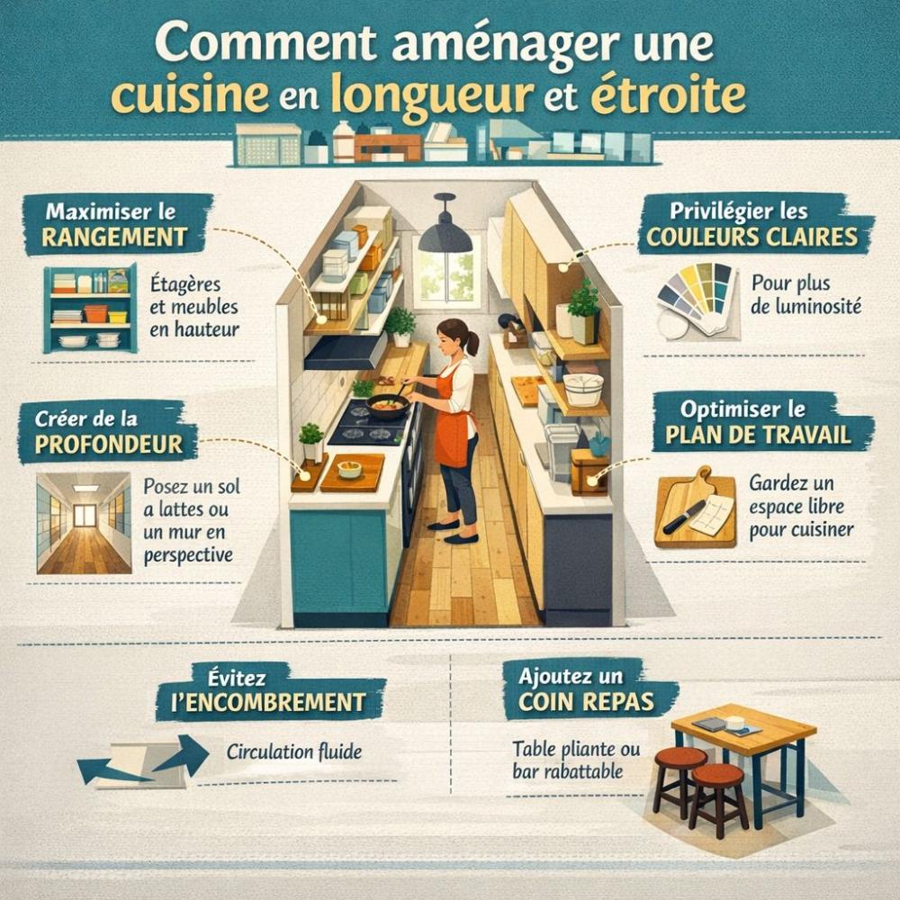 Un r&eacute;capitulatif des actions &agrave; mettre en place dans votre cuisine &eacute;troite et en longueur