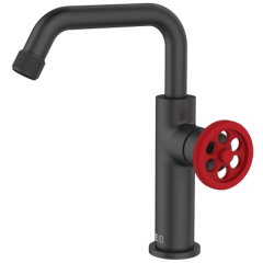 Indus mitigeur lavabo bas noir et manette rouge