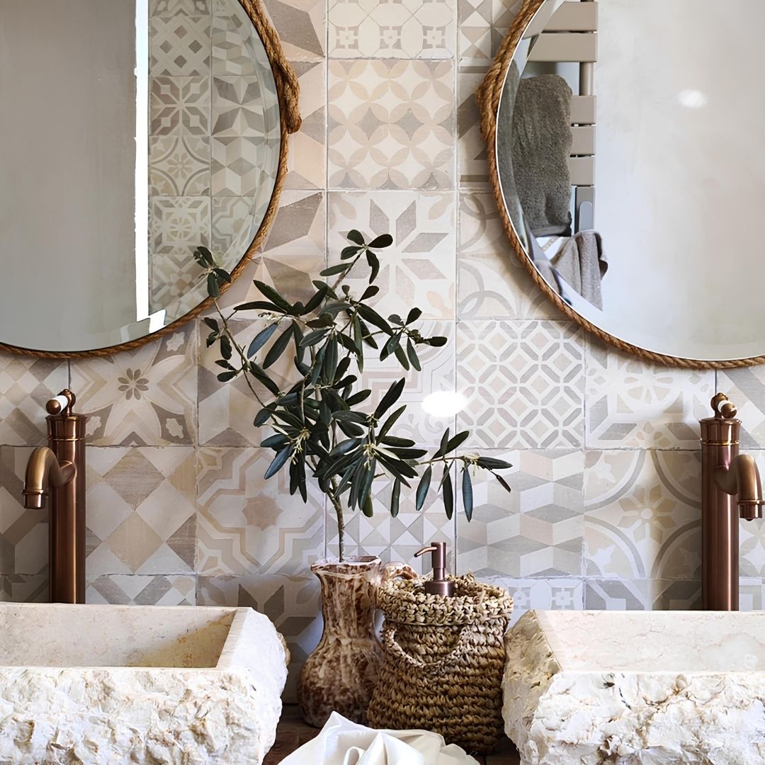 On est fiers de retrouver notre collection rétro "Leeds" en cuivre brossé dans cette belle salle de bain 🧡  Côté lavabo, le mitigeur s’accorde parfaitement aux vasques en pierre et aux miroirs, pour une association naturelle et pleine de charme ! 🍃  Côté douche, la colonne apporte une touche vintage qui donne tout son cachet à l’espace ✨  Une réalisation chaleureuse, authentique et très inspirante signée at:magrangeofacettes 🙌  #essebagno #democratikdesign #salledebain #robinetterie #faucet #douches #decorationinterieur #decohome #bathroomdesign