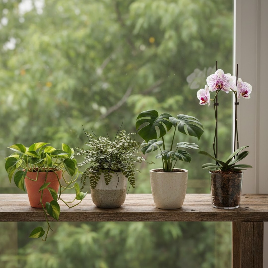 plantes tropicales : pothos, foug&egrave;re, monstera et orchid&eacute;e